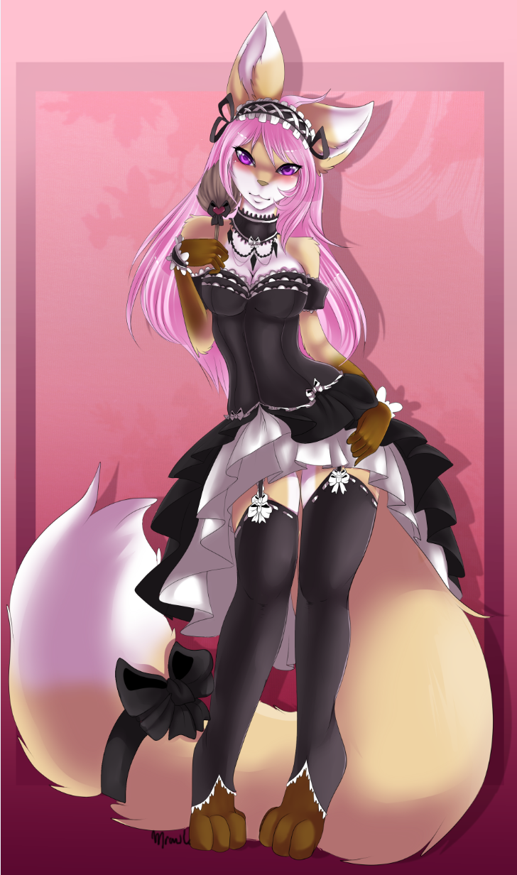 avoid_posting big_tail bow canine choker conditional_dnp female fennec fluffy_tail fox frilly hair legwear long_hair looking_at_viewer maid maid_uniform mammal mrawl pink_eyes pink_hair pinup pose skirt solo stockings