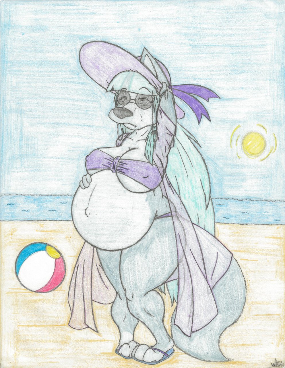 beach beach_ball big_belly big_breasts black_and_white breasts canine chubby color disgusted_look eyewear female grandma granny hair hat huge_breasts incest? long_hair mammal monochrome pregnant seaside sketch solo sunglasses swimsuit wad wolf