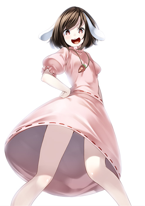 :d animal_ears bare_legs brown_hair bunny_ears carrot commentary hand_on_hip inaba_tewi kyon_(fuuran) open_mouth red_eyes ribbon-trimmed_clothes ribbon_trim short_hair simple_background skirt skirt_set smile solo touhou v-shaped_eyebrows white_background