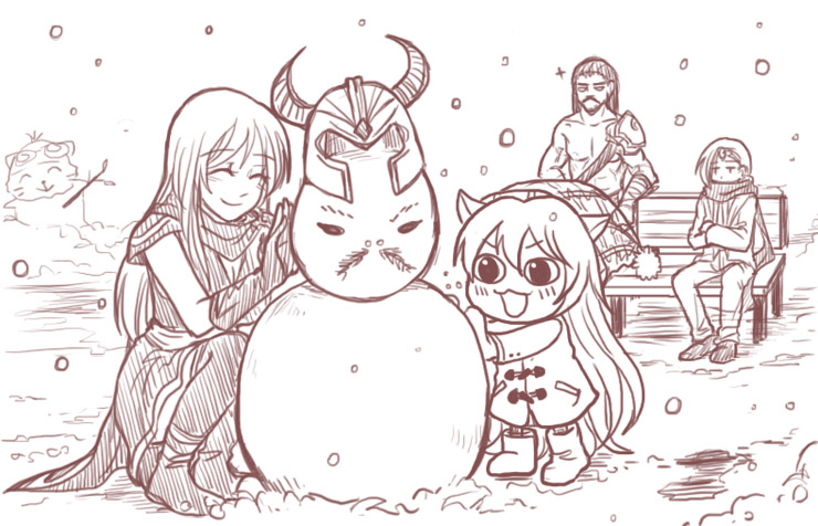 2girls ^_^ alternate_costume animal_ears armor ashe_(league_of_legends) bench blush boots cape closed_eyes green_dew helmet kneeling league_of_legends long_hair lulu_(league_of_legends) monochrome multiple_boys multiple_girls scarf sitting smile snow snowing snowman teemo thighhighs tryndamere varus white_hair winter_clothes yordle