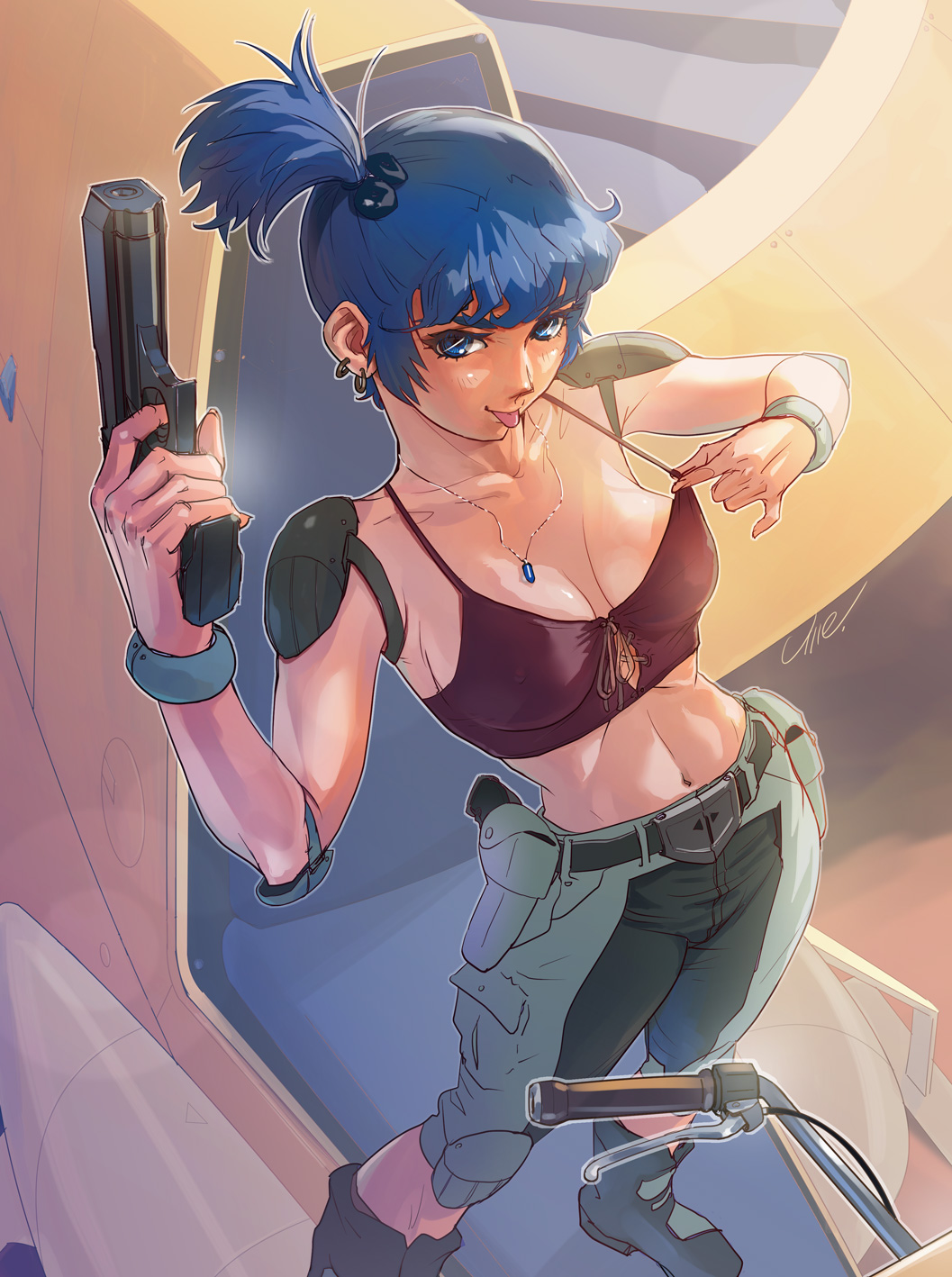 :p abs belt blue_eyes blue_hair boots earrings elbow_pads gun handgun highres holster hover_bike jewelry looking_at_viewer naughty_face ponytail rag_uralo science_fiction sentou_mecha_xabungle shoulder_pads signature tank_top toned tongue tongue_out umeno_ryuuji weapon
