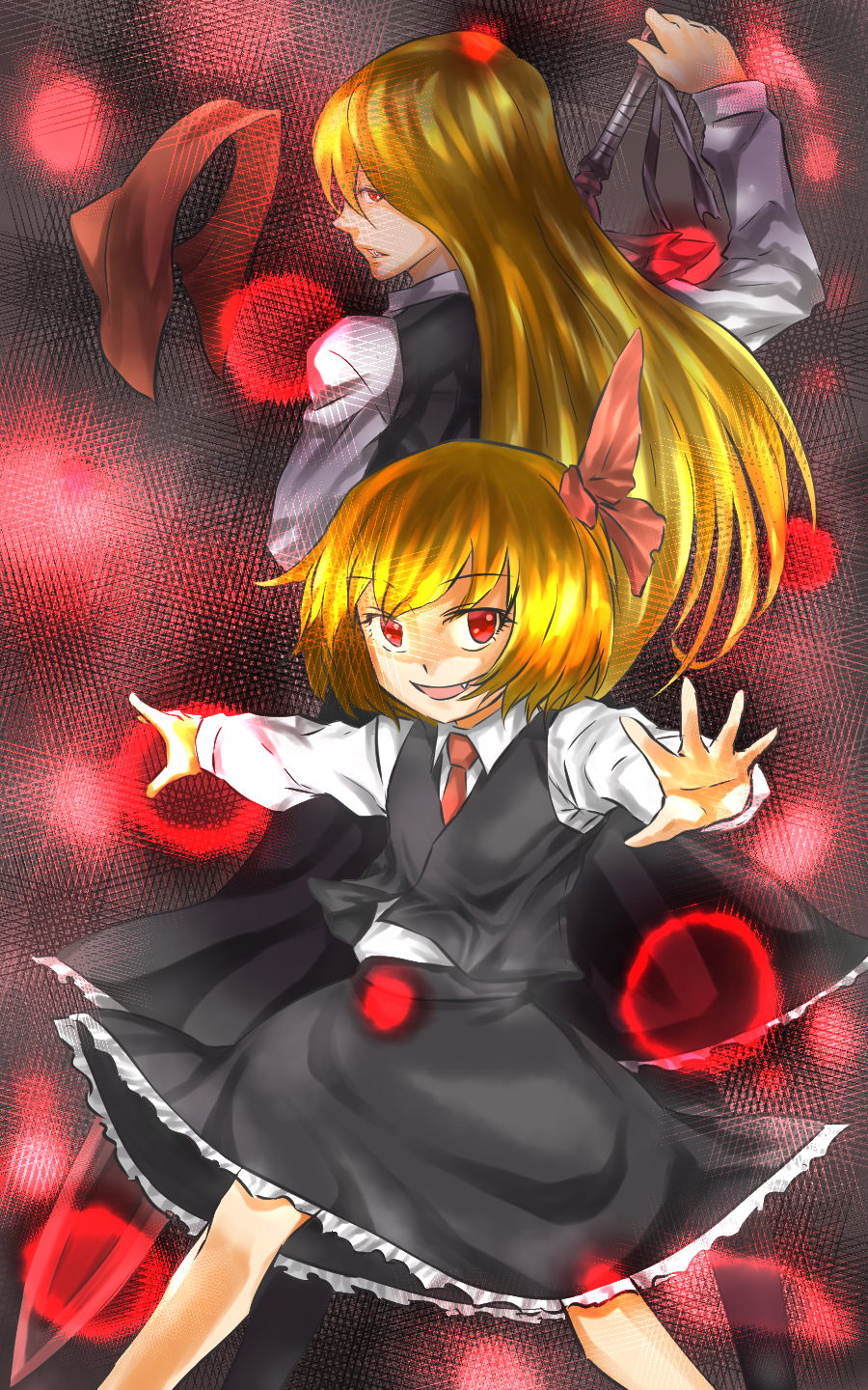 back-to-back bad_id bad_pixiv_id blonde_hair blouse coolmint dual_persona ex-rumia fang hair_ribbon highres long_hair looking_back multiple_girls necktie outstretched_arms red_eyes ribbon rumia short_hair skirt smile spread_arms sword touhou vest weapon