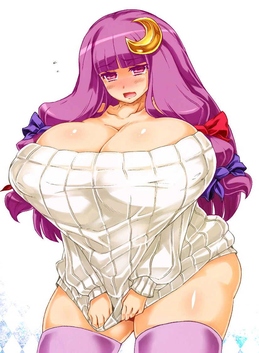 bare_shoulders bow breasts cleavage clothes_tug collarbone crescent dress embarrassed gigantic_breasts hair_bow huge_breasts long_hair no_hat no_headwear off-shoulder_sweater patchouli_knowledge plump purple_eyes purple_hair purple_legwear ribbed_sweater sentarou solo sweater sweater_dress sweater_tug thick_thighs thighhighs thighs touhou