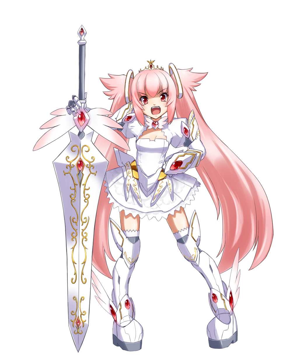highres huge_weapon lapia_altrias_blanc_chevalier long_hair m@sa open_mouth pink_eyes pink_hair pixiv_robot_wars_gaia princess simple_background skirt solo thighhighs twintails very_long_hair weapon white_background