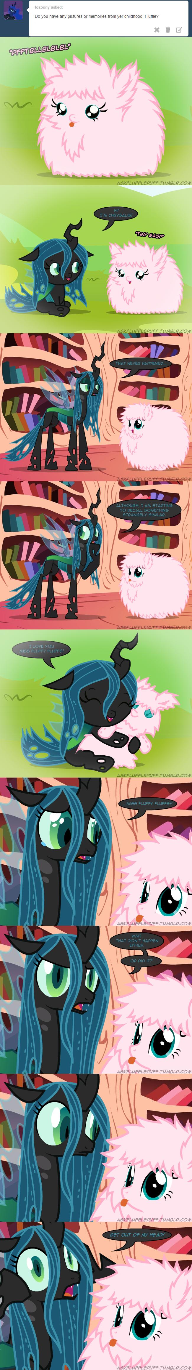 blue_eyes comic english_text equine eyes_closed fangs female feral fluffle_puff fluffy friendship_is_magic green_eyes green_hair hair horn horse mammal mixermike622 my_little_pony open_mouth pink_hair pony queen_chrysalis_(mlp) text tongue tongue_out young