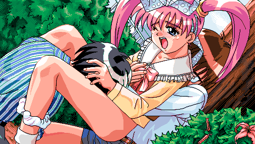 1boy 1girl 4bpp ass blush bottomless cunnilingus forced game_cg hair_ribbon hand_on_another's_head hand_on_head helpless oldschool only_you oral panties panties_around_leg pc98 pink_hair rape ribbon screaming tears tendou_raimu tree twintails underwear wince