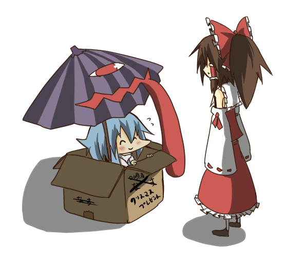 bare_shoulders blue_hair blush bow box brown_hair cardboard_box closed_eyes detached_sleeves dress flying_sweatdrops frilled_bow frilled_shirt_collar frilled_skirt frills hair_bow hair_tubes hakurei_reimu in_box in_container karakasa_obake kumo_(atm) long_hair multiple_girls one-eyed open_mouth ponytail purple_umbrella red_skirt red_vest ribbon-trimmed_sleeves ribbon_trim skirt skirt_set sleeves_past_wrists smile sweat sweatdrop tatara_kogasa tongue tongue_out touhou translated umbrella vest