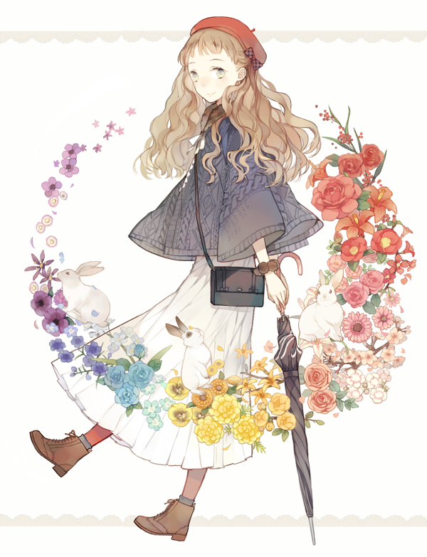 anemone_(flower) bag beret boots bow bracelet brown_eyes brown_hair bunny camellia cherry_blossoms closed_umbrella dress flower forget-me-not_(flower) handbag hat hibiscus jewelry long_hair marigold original pansy pink_flower pink_rose rose seuga solo sweater umbrella