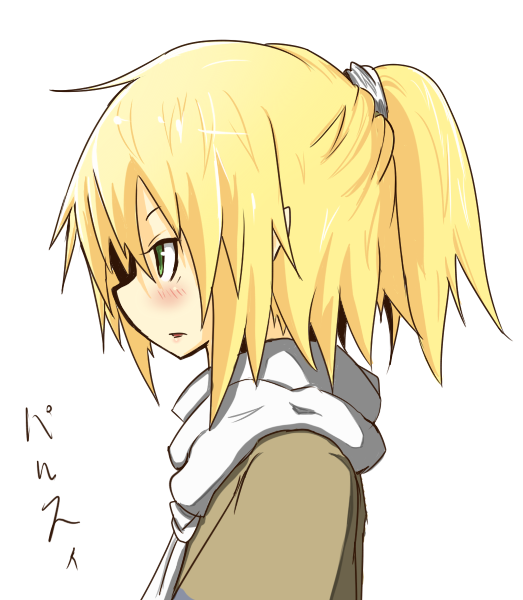 blonde_hair blush green_eyes kumo_(atm) long_hair mizuhashi_parsee open_mouth pointy_ears ponytail profile short_hair simple_background solo touhou