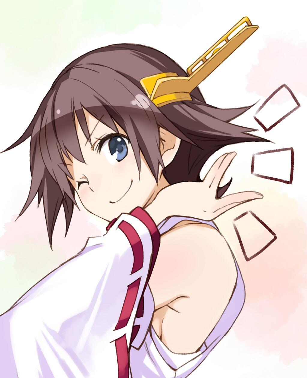 1girl bare_shoulders blue_eyes breasts brown_hair bust detached_sleeves hand_on_neck hiei_(kantai_collection) highres japanese_clothes kantai_collection no_bra nontraditional_miko one_eye_closed personification short_hair sideboob smile solo upper_body ushiki_yoshitaka wink