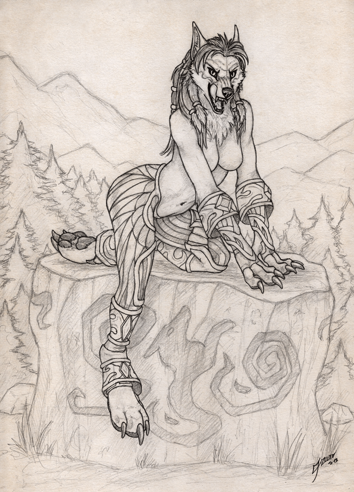 armor braids breasts canine chest_tuft claws fangs female fur hair licking long_hair looking_at_viewer mammal monochrome navel open_mouth paws qzurr solo tongue topless traditional_media tuft video_games warcraft were werewolf worgen