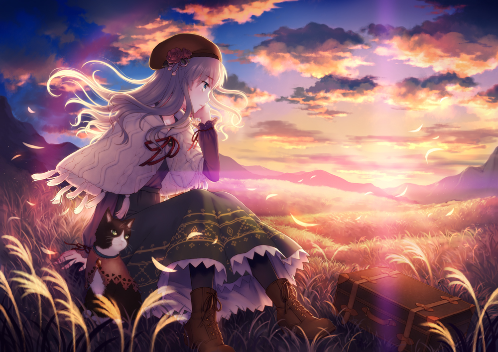 bad_id bad_pixiv_id beret blonde_hair boots capelet cat chin_rest cloud feathers field green_eyes hat long_hair megumu original pantyhose skirt sky solo suitcase sunset wind