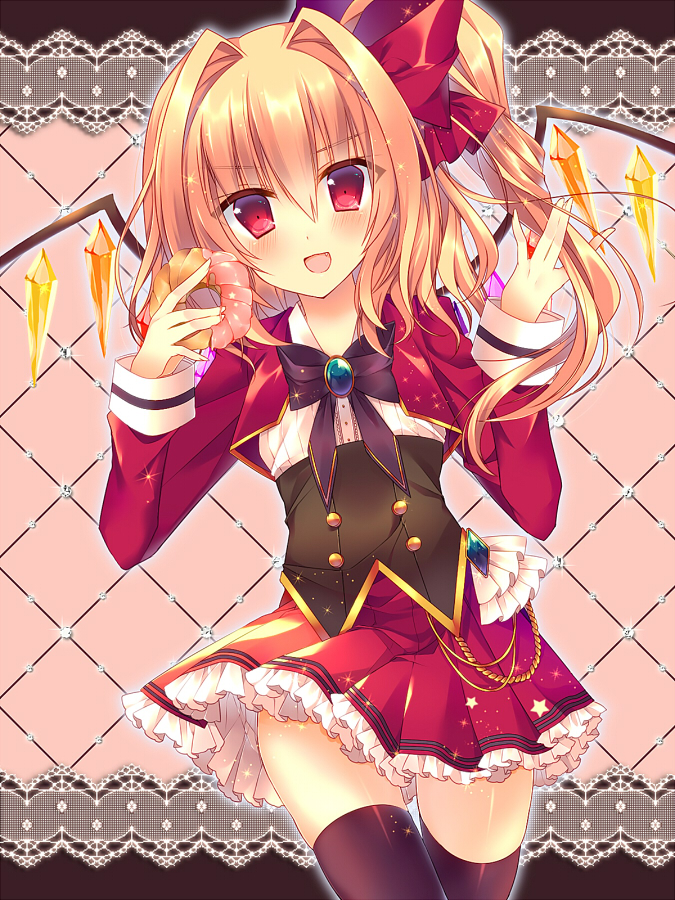 alternate_costume black_legwear blonde_hair blush brooch crystal doughnut fang flandre_scarlet food jewelry monaka_natsume open_mouth red_eyes ribbon short_hair side_ponytail skirt smile solo thighhighs touhou wings