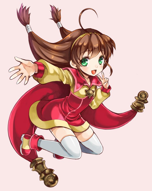 1girl ahoge breasts brown_hair cape coat commentary_request dress green_eyes hair_ornament hairband lilka_eleniak long_hair low-tied_long_hair makokb open_mouth sidelocks skirt small_breasts smile solo thighhighs twintails white_legwear wild_arms wild_arms_2 yellow_hairband