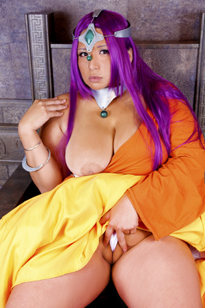 1girl asian breasts cameltoe chouzuki_maryou cosplay dragon_quest dragon_quest_iv large_breasts lowres minea minea_(cosplay) photo plump purple_hair solo square_enix