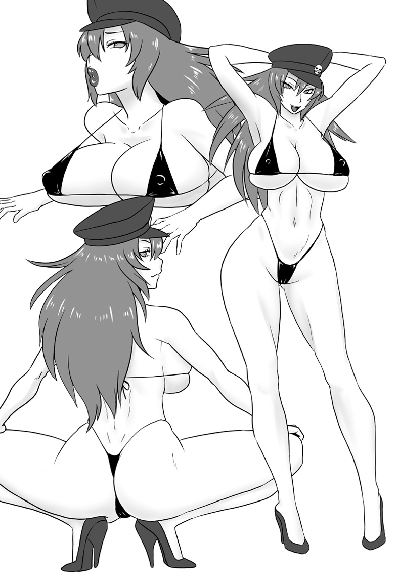 1girl arms_behind_head arms_up ass bikini breasts capcom collarbone final_fight from_behind hat high_heels highleg huge_breasts kneeling knees legs lips long_hair micro_bikini midriff monochrome navel peaked_cap poison_(final_fight) squatting standing street_fighter swimsuit thong thong_bikini ultra_street_fighter_iv white_skin