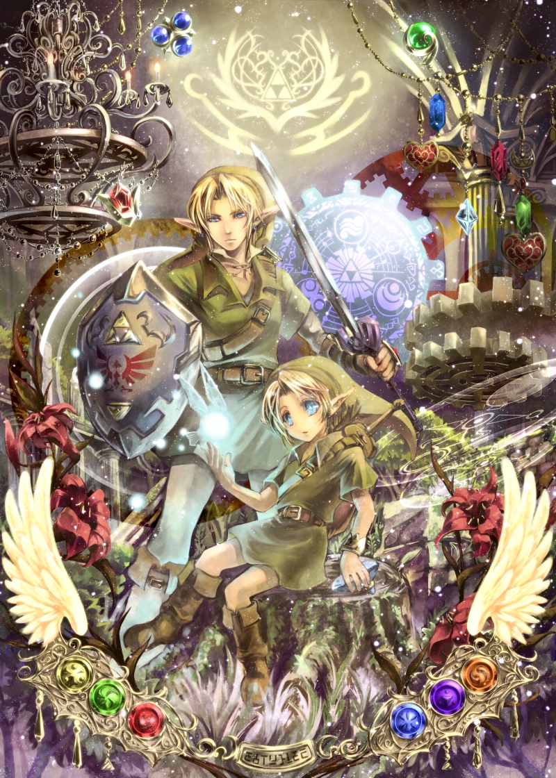 blonde_hair blue_eyes bracelet chandelier commentary_request crystal dual_persona earrings fairy gloves hat holding holding_sword holding_weapon jewelry left-handed link multiple_boys navi pointy_ears shield suzumiya_misa sword the_legend_of_zelda the_legend_of_zelda:_ocarina_of_time time_paradox weapon