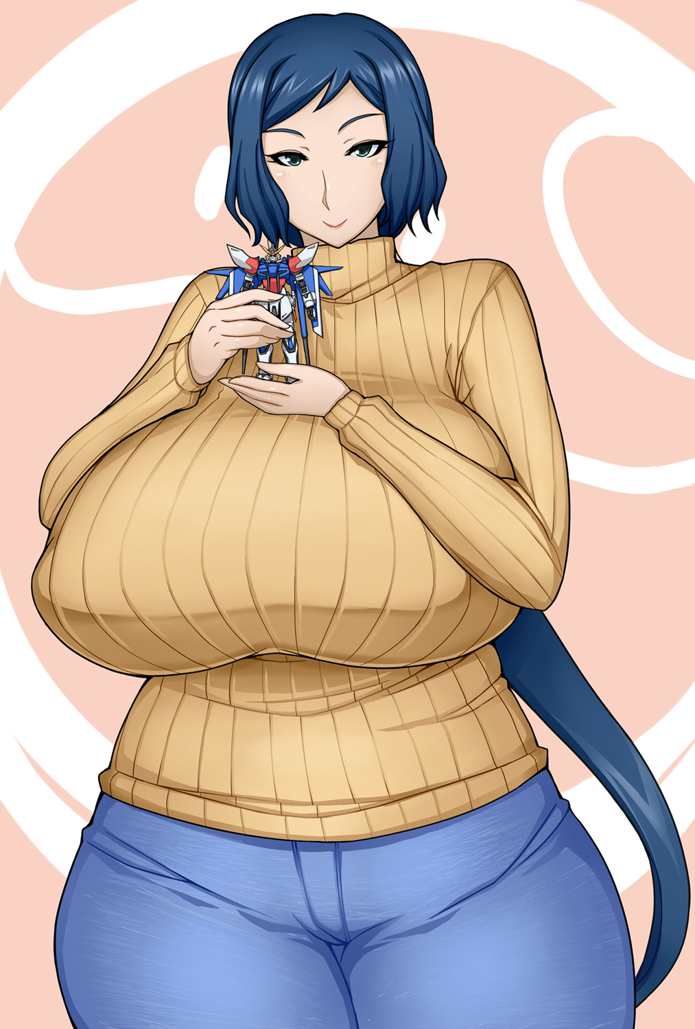 1girl blue_eyes blue_hair breasts denim female figure gigantic_breasts gundam gundam_build_fighters highres hips iori_rinko jeans lips long_hair milf otogi_tetsurou pants ponytail short_hair smile solo sweater very_long_hair wide-hips wide_hips