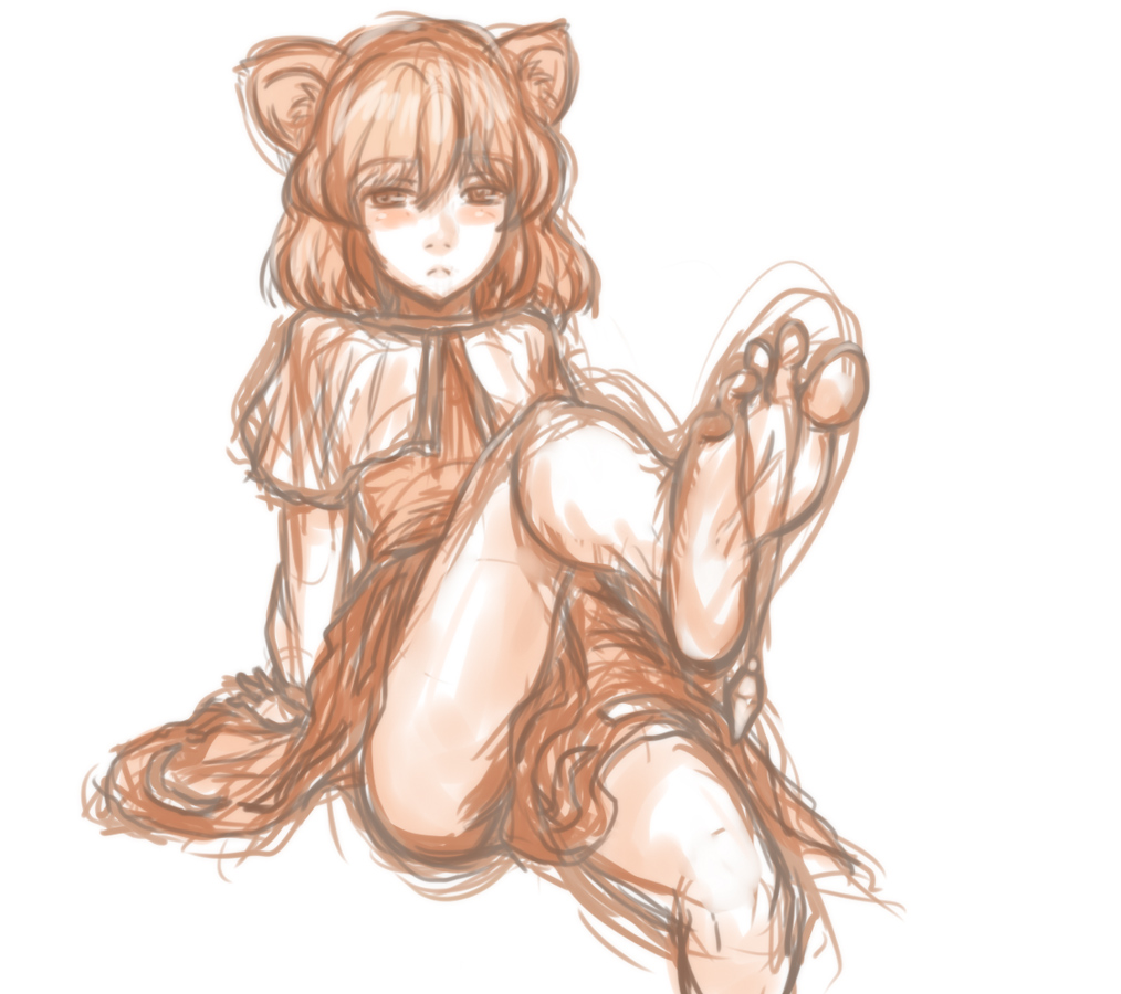 animal_ears arm_support barefoot blush capelet feet kuro_suto_sukii leg_up looking_at_viewer monochrome mouse_ears nazrin short_hair simple_background sitting sketch soles solo touhou