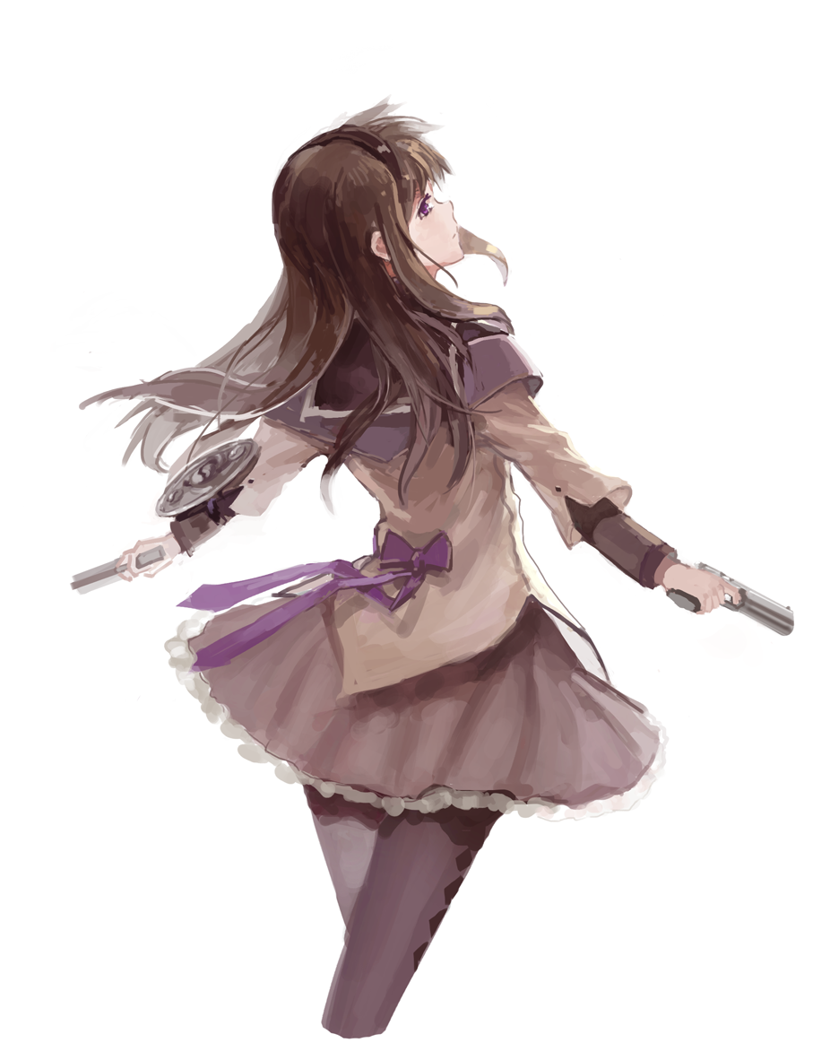 akemi_homura black_hair capelet ciel_(19940421) dual_wielding gun hairband handgun holding long_hair looking_back mahou_shoujo_madoka_magica pantyhose pistol purple_eyes skirt solo weapon