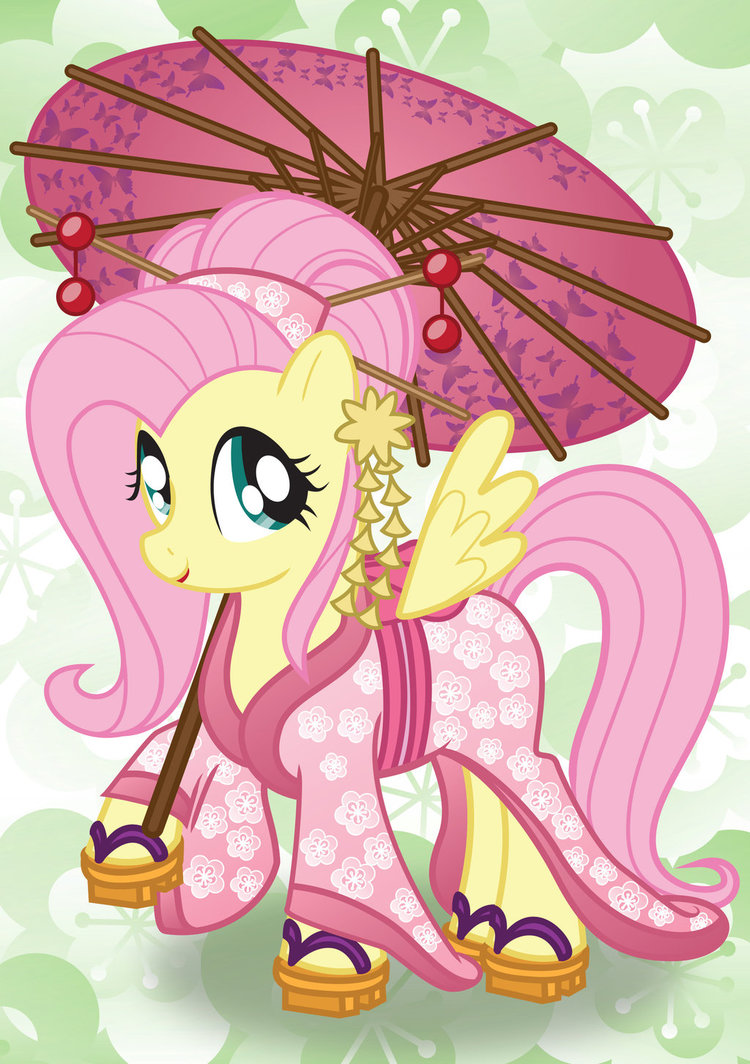 bonniepink clothed clothing ear_piercing equine female feral fluttershy_(mlp) friendship_is_magic fur geta green_eyes hair hairpin horse japanese_clothing kimono long_hair mammal my_little_pony open_mouth parasol pegasus piercing pink_hair pony sandals shoes smile solo umbrella umbriel wings yellow_fur