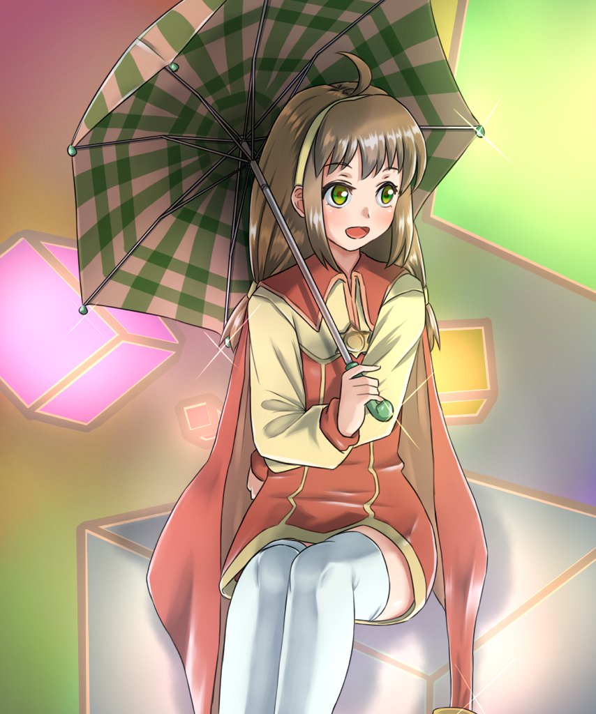 1girl ahoge breasts brown_hair cape coat commentary_request cube dress flower full_body green_eyes hair_ornament hairband holding holding_umbrella lilka_eleniak long_hair long_sleeves looking_at_viewer low-tied_long_hair natsuki_chinatsu open_mouth plaid plaid_umbrella sidelocks skirt small_breasts smile solo thighhighs twintails umbrella white_legwear wild_arms wild_arms_2 yellow_hairband