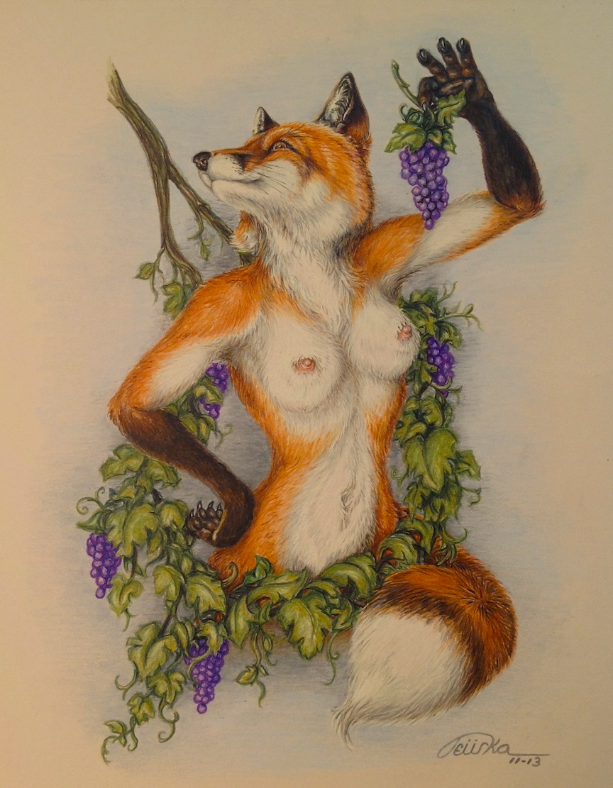 anthro breasts bust canine detailed eating female fox front fruit fur grapes hand_on_hip holding looking_at_viewer mammal markings multicolor_fur navel nipples nude orange_fur pinup pose seductive socks_(marking) solo teiirka traditional_media two_tone_fur white_fur