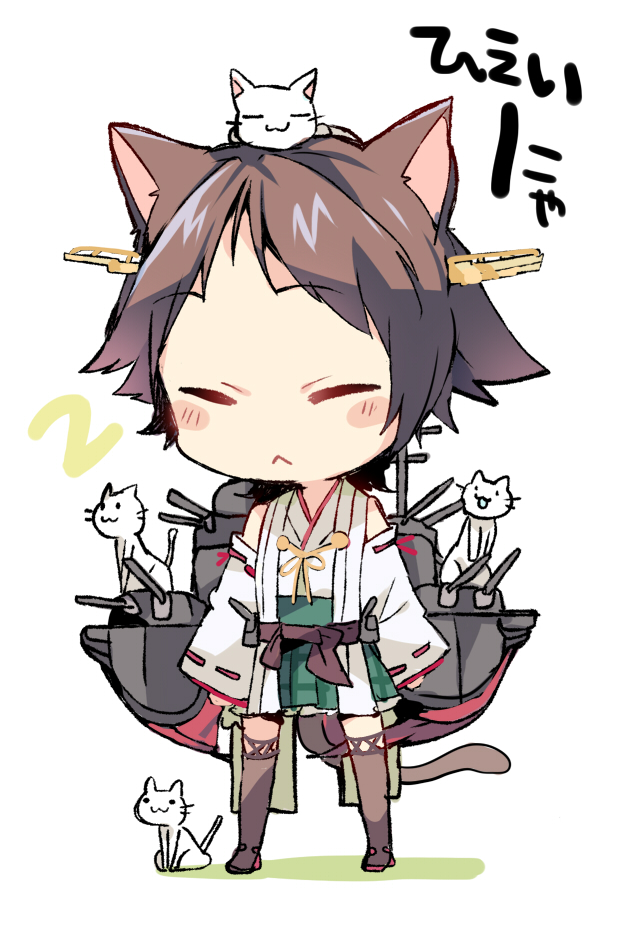 :&lt; :3 animal animal_ears animal_on_head bare_shoulders cat cat_ears cat_on_head cat_tail chibi detached_sleeves hairband hiei_(kantai_collection) kantai_collection kemonomimi_mode nontraditional_miko on_head pleated_skirt skirt smile tail taneda_yuuta thighhighs translated zettai_ryouiki