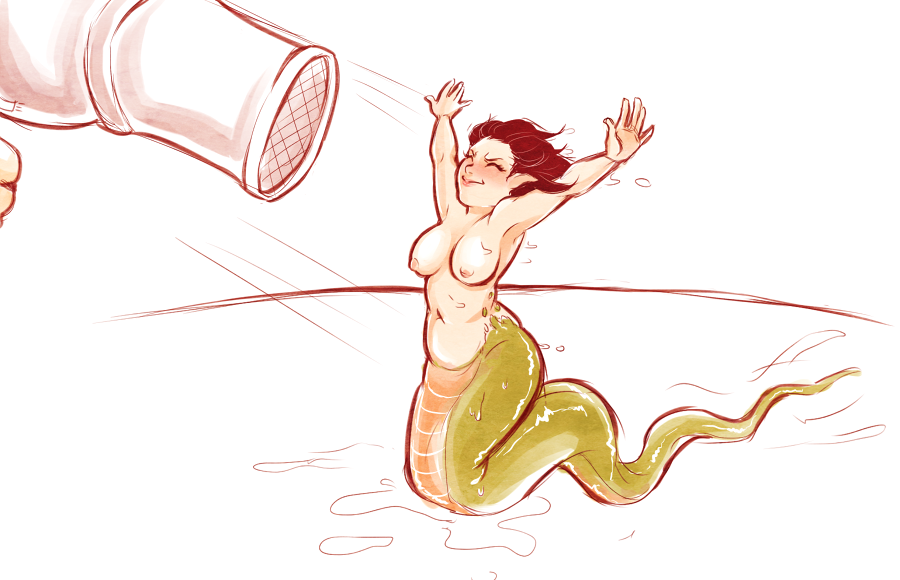 bad_id bad_tumblr_id breasts brown_hair drying drying_body drying_hair hair_dryer lamia lips medium_breasts minigirl monster_girl navel nipples original outstretched_arms plump pointy_ears scales short_hair smile solo valdgeist wet