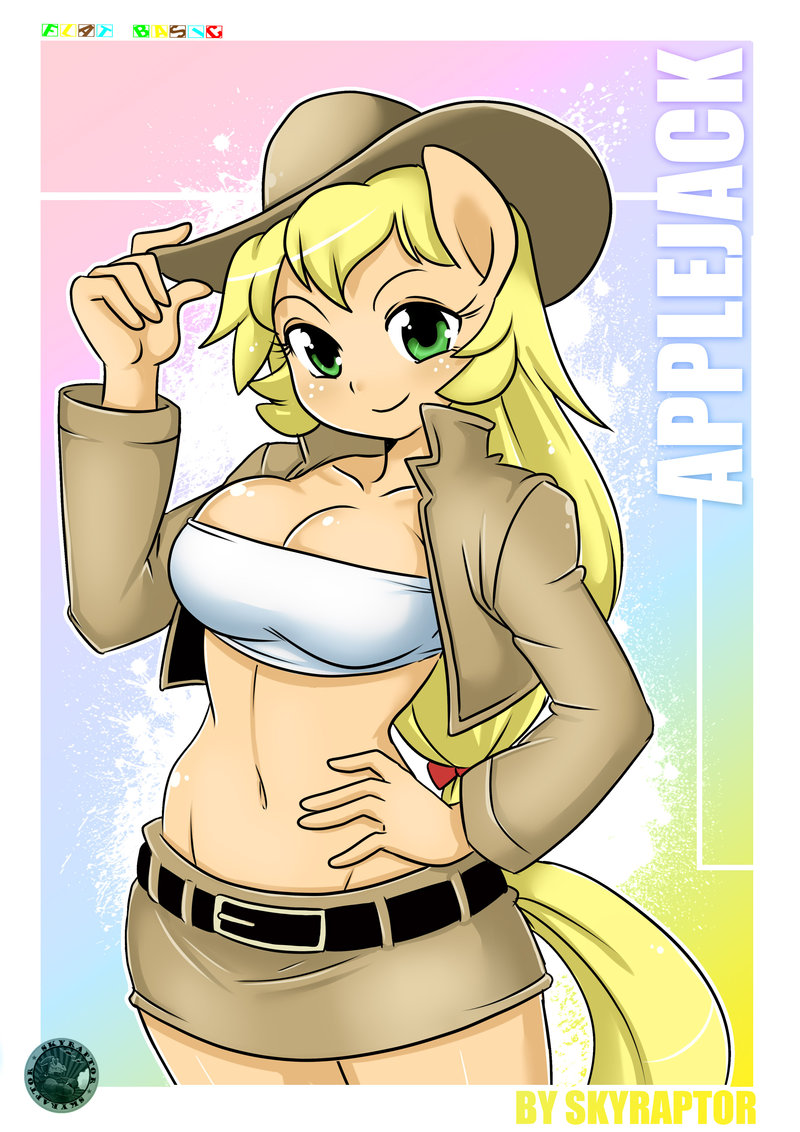 anthro anthrofied applejack_(mlp) blonde_hair breasts cleavage clothed clothing cowboy_hat equine female freckles friendship_is_magic green_eyes hair hand_on_hip hat horse jacket looking_at_viewer mammal my_little_pony navel pony shirt short_skirt skirt skyraptor solo