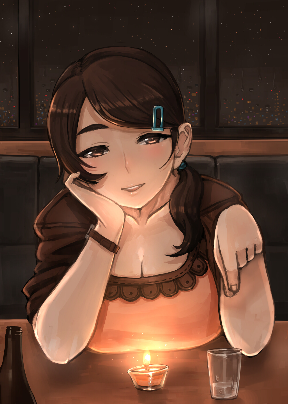 breasts brown_eyes brown_hair candle cleavage hair_ornament hairclip highres large_breasts long_hair looking_at_viewer madarame original solo table
