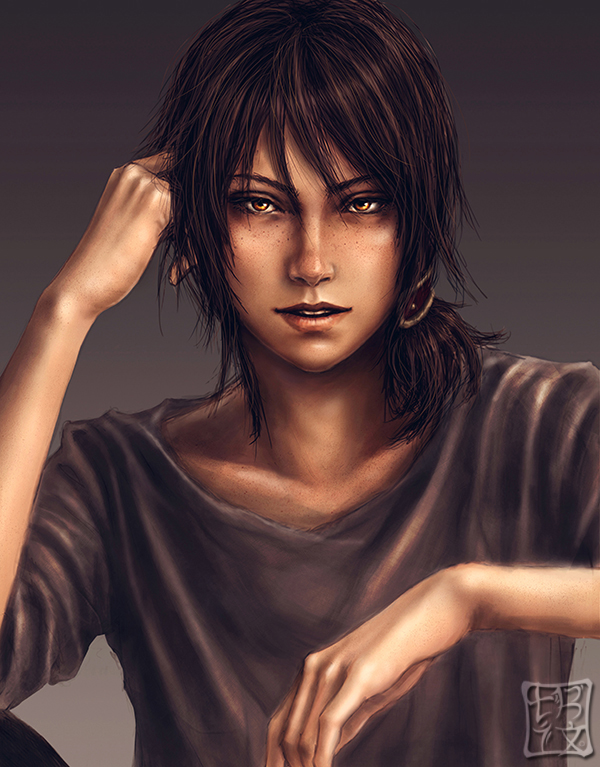 brown_eyes brown_hair expressionless freckles gradient gradient_background looking_at_viewer parted_lips realistic shingeki_no_kyojin simple_background solo trixia upper_body ymir_(shingeki_no_kyojin)