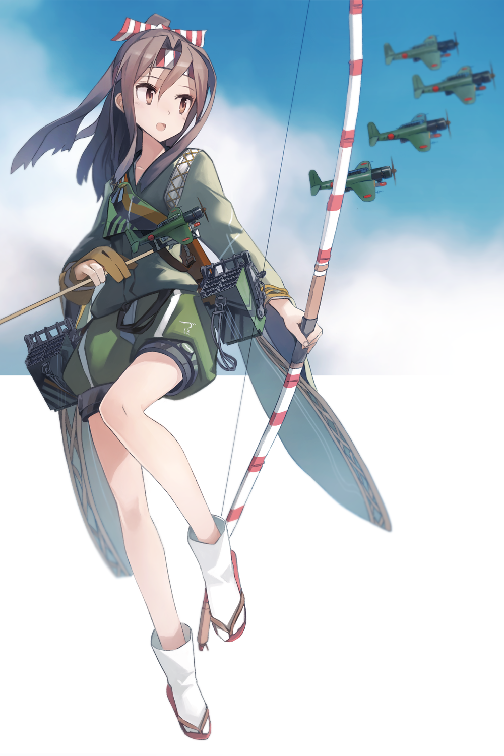 aircraft airplane astg blush bow_(weapon) brown_eyes brown_hair hachimaki hair_ribbon headband high_ponytail highres japanese_clothes kantai_collection light_brown_hair long_hair open_mouth ponytail ribbon sandals smile socks solo tabi weapon wide_sleeves zuihou_(kantai_collection)