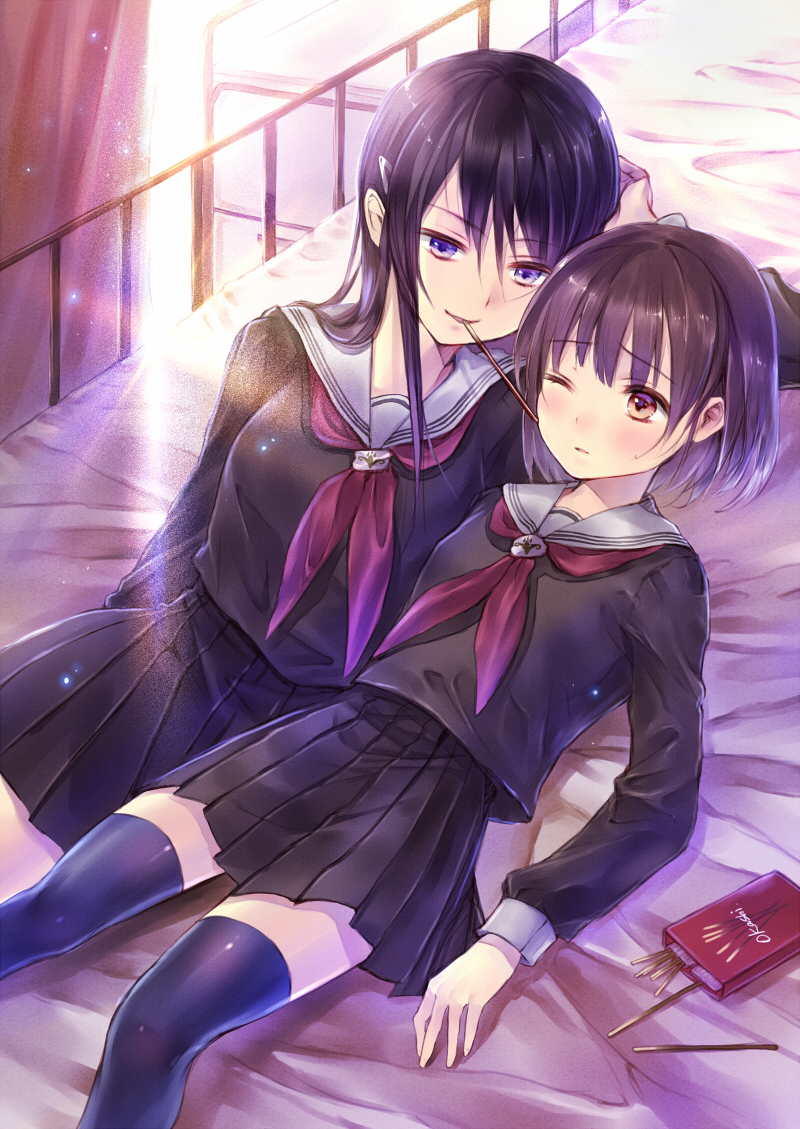 arm_support bad_id bad_pixiv_id bed black_hair blush brown_eyes brown_hair food hair_ornament hairclip hanekoto infirmary lying mouth_hold multiple_girls navy_blue_legwear on_back one_eye_closed original pocky purple_eyes school_uniform serafuku skirt thighhighs yuri zettai_ryouiki