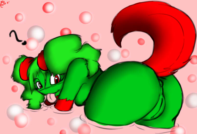 abstract_background breasts bubble_kitten17 butt dog_tail female fur green_skin mario mario_bros mimi nintendo presenting presenting_hindquarters pussy red_eyes red_fur shapeshifter side_boob solo tongue tongue_out video_games water