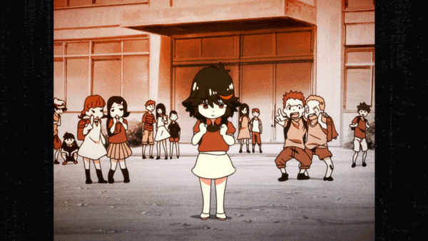 6+girls age_progression animated animated_gif black_hair building child crowd kill_la_kill lead_pipe matoi_ryuuko multicolored_hair multiple_boys multiple_girls pillarboxed red_hair scarf school school_uniform screencap short_hair skirt time_lapse trigger_(company) two-tone_hair white_skirt younger