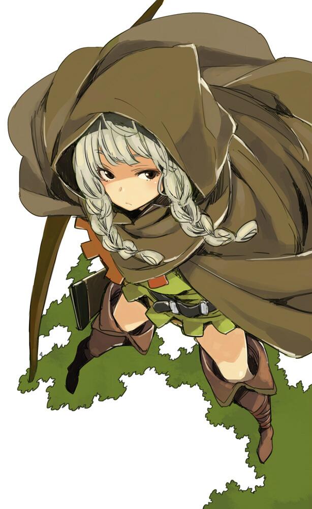 belt black_eyes boots bow_(weapon) braid cloak dragon's_crown elf_(dragon's_crown) from_above hood hooded_cloak imigimuru silver_hair solo thigh_boots thighhighs twin_braids weapon