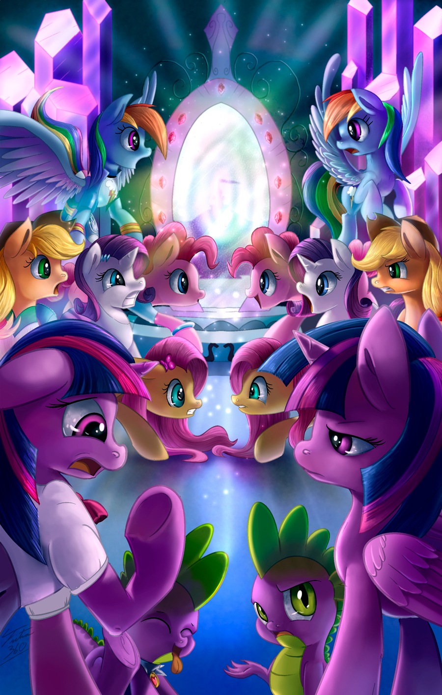 applejack_(mlp) arthropod blonde_hair blue_eyes butterfly clothing collar cowboy_hat equestria_girls equine female fluttershy_(mlp) friendship_is_magic group hair hair_pin hairpin hat horn horse insect mammal mirror my_little_pony pegasus pink_hair pinkie_pie_(mlp) pony portal purple_hair rainbow_dash_(mlp) rarity_(mlp) scared scratching sparkles spike_(mlp) tongue tongue_out tsitra360 twilight_sparkle_(mlp) unicorn winged_unicorn wings