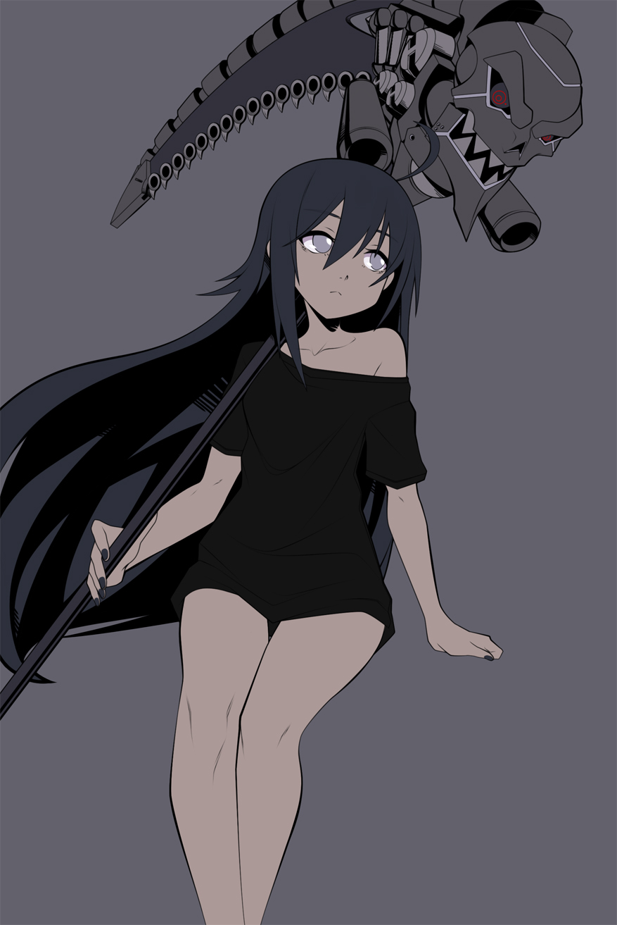:&lt; ahoge bare_legs black_hair black_nails blue_eyes bottomless fearless_night fernandez_(fearless_night) flat_color grey_background hair_down highres huge_weapon living_weapon long_hair nail_polish off_shoulder pale_skin poco_muerte scythe shirt solo spike_wible t-shirt very_long_hair weapon