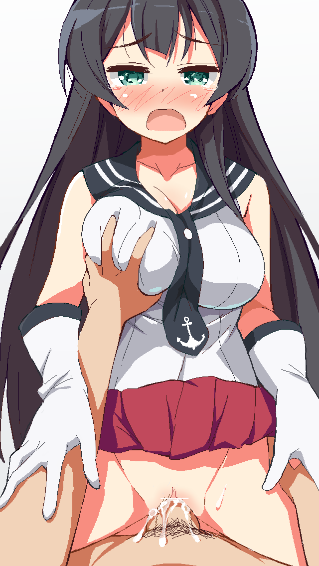 1girl 9law agano_(kantai_collection) black_hair blush breast_grab breasts cleavage clothed_sex full-face_blush glasses gloves grabbing hetero kantai_collection large_breasts long_hair looking_at_viewer miniskirt oekaki open_mouth penis school_uniform serafuku sex simple_background skirt skirt_lift solo_focus tears vaginal white_background white_gloves
