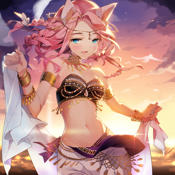 animal_ears aqua_eyes arabian_clothes armlet backlighting bangle bare_shoulders blue_eyes blush bracelet bustier cat_ears character_request choker circlet cloud cloudy_sky dancer gate_of_dimension gilse gold_trim gradient_sky half-closed_eyes head_chain jewelry looking_at_viewer midriff navel open_mouth orange_sky outdoors parted_lips pendant pink_hair purple_sky sky smile solo sunset