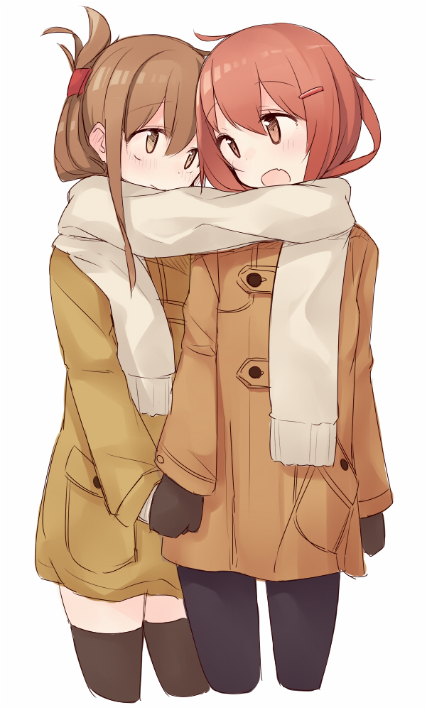 bad_id bad_pixiv_id black_legwear blush brown_eyes brown_hair coat fang folded_ponytail hair_ornament hairclip holding_hands ikazuchi_(kantai_collection) inazuma_(kantai_collection) kantai_collection long_sleeves mittens multiple_girls nekoume open_mouth pantyhose scarf shared_scarf simple_background skirt thighhighs