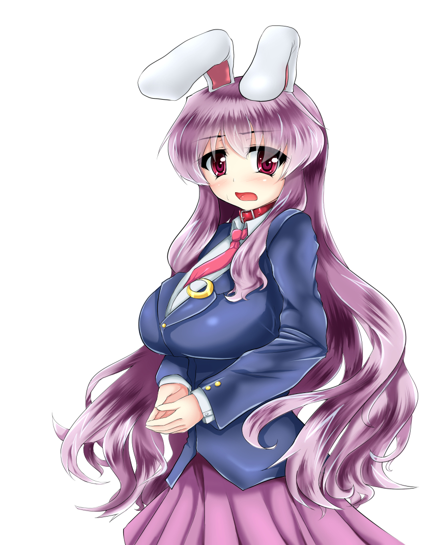animal_ears blazer breasts bunny_ears hands_clasped hydrant_(kasozama) jacket large_breasts long_hair necktie open_mouth own_hands_together pleated_skirt purple_hair red_eyes red_neckwear reisen_udongein_inaba shirt skirt solo touhou very_long_hair