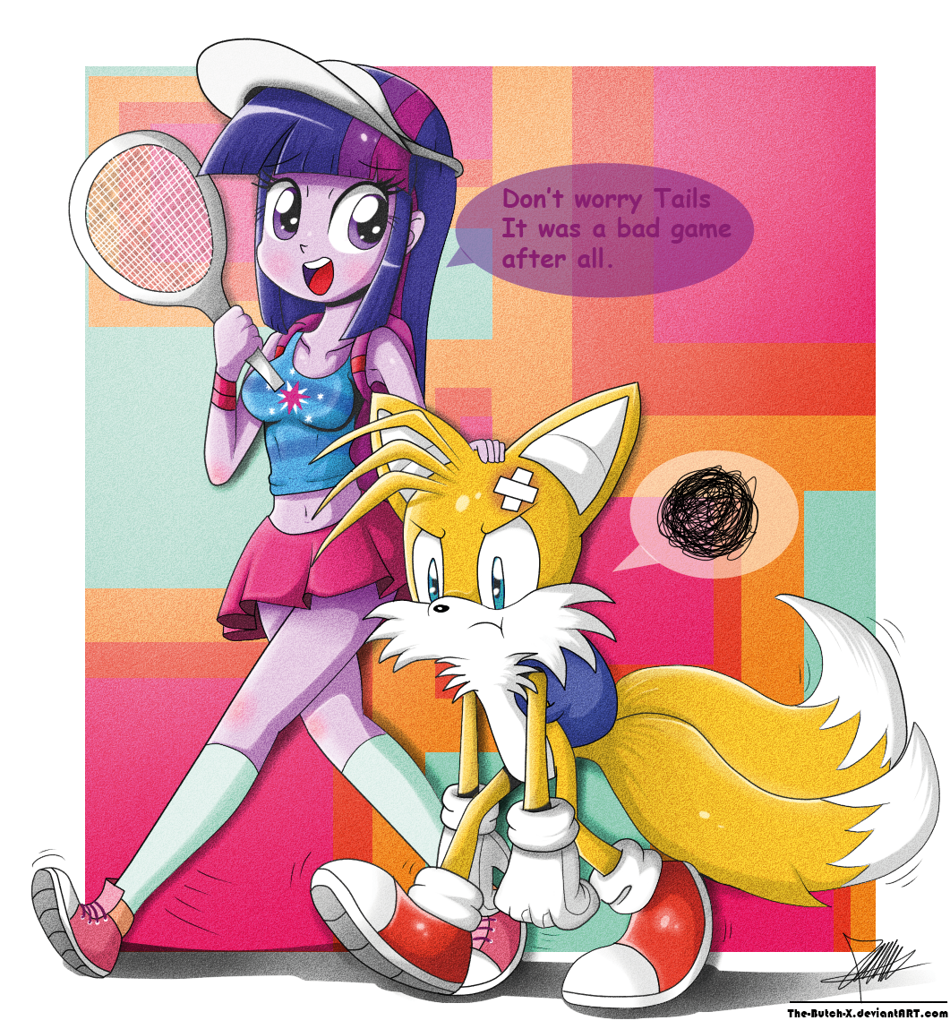 abstract_background backpack bag band-aid blue_eyes breasts canine clothing cutie_mark dialog english_text equestria_girls female fox hair male mammal miles_prower miniskirt multi-colored_hair multiple_tails my_little_pony purple_eyes purple_hair racket sega shirt skirt sneakers socks sonic_(series) tails tank_top tennis_racket text the-butch-x twilight_sparkle_(eg) vest visor