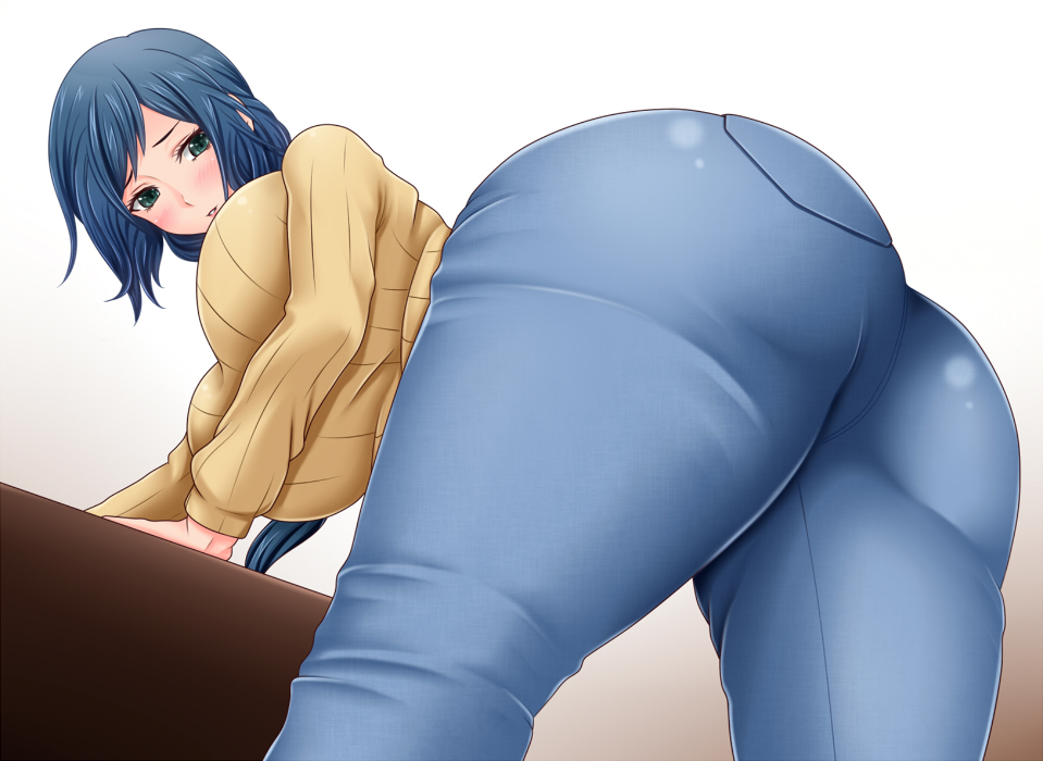ass bad_id bad_pixiv_id blue_hair blush breasts denim green_eyes gundam gundam_build_fighters huge_ass huge_breasts iori_rinko jeans long_hair looking_back mature pants ponytail raised_eyebrows ribbed_sweater saogokushi solo sweater table thick_thighs thighs