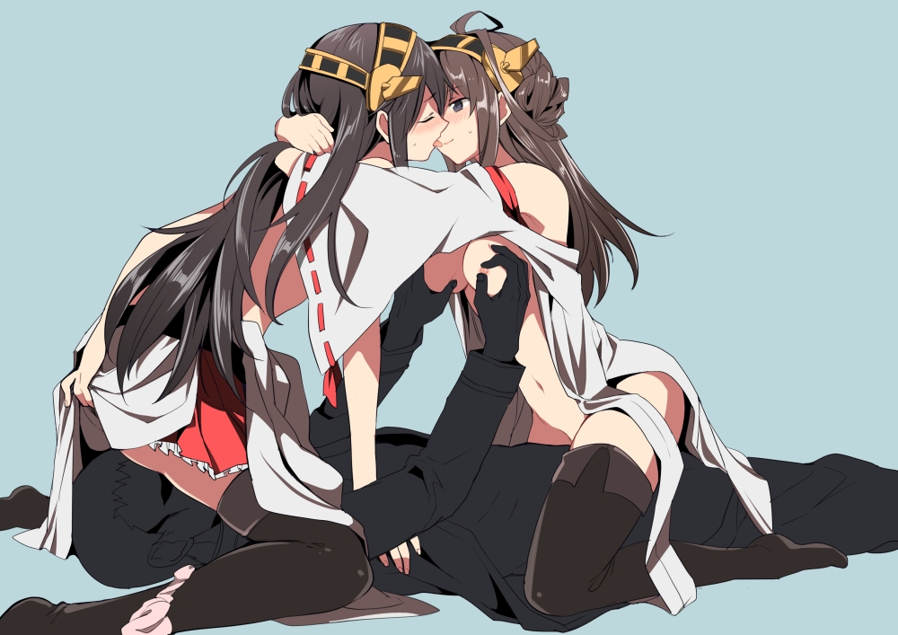 2girls admiral_(kantai_collection) ahoge bare_shoulders bisexual_(female) black_hair brown_hair detached_sleeves double_bun hair_ornament hairband haruna_(kantai_collection) headgear hetero japanese_clothes kantai_collection kiss kongou_(kantai_collection) long_hair multiple_girls nipple_tweak nipples nontraditional_miko open_mouth panties panties_around_one_leg partially_undressed reverse_spitroast sitting sitting_on_face sitting_on_person sue_(mm-7th) thighhighs underwear