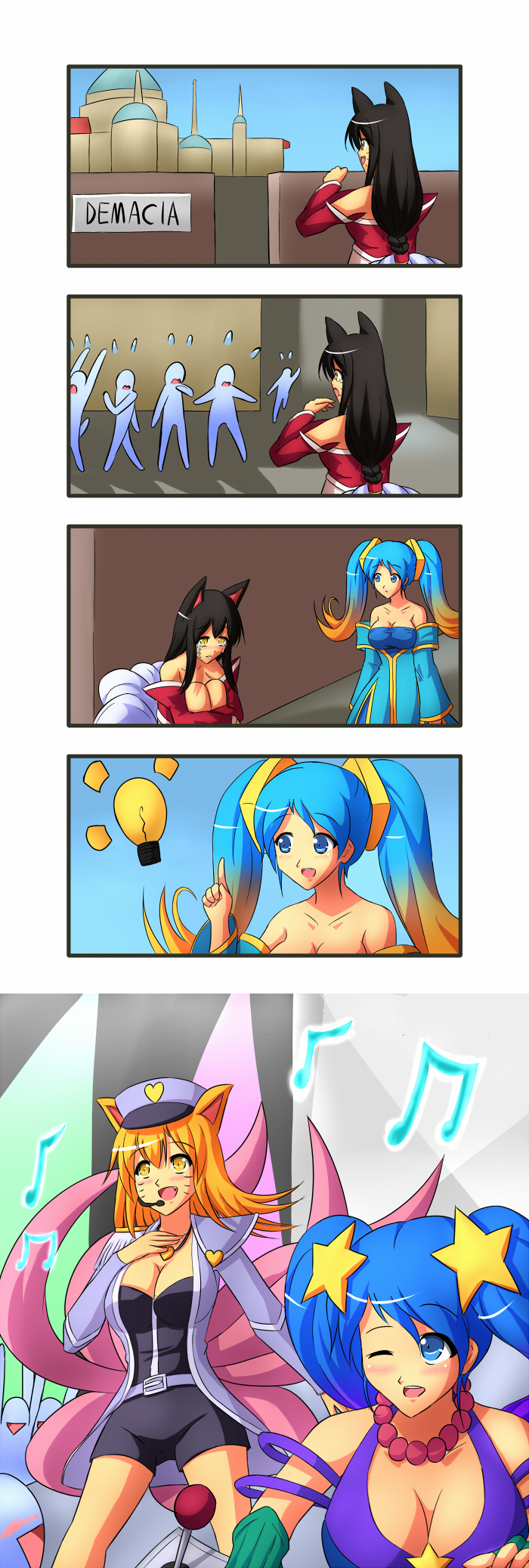 ahri animal_ears aqua_hair blonde_hair blush breasts cleavage comic fox_ears fox_tail gradient_hair hat highres large_breasts league_of_legends long_hair multicolored_hair multiple_girls multiple_tails open_mouth silent_comic sona_buvelle tail tears whisker_markings xano yellow_eyes