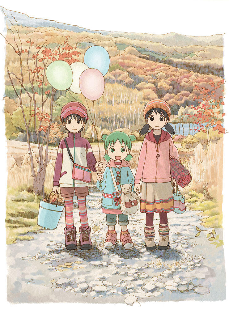 autumn autumn_leaves ayase_ena azuma_kiyohiko balloon black_eyes black_hair boots bucket coat duralumin full_body green_eyes green_hair hat hayasaka_miura holding_hands koiwai_yotsuba multicolored multicolored_clothes multicolored_legwear multiple_girls official_art open_mouth pantyhose quad_tails red_legwear skirt smile stuffed_animal stuffed_toy teddy_bear twintails yotsubato!