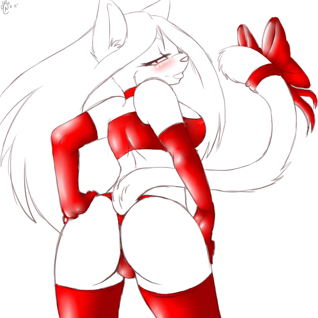 back back_turned blush bow bubble_kitten17 butt cat clothed clothing collar feather_chibika feline female gloves hair hand_on_ass hand_on_butt invalid_color invalid_tag legwear long_hair looking_back mammal plain_background raised_tail red_eyes sketch solo standing stockings tail_clothing thong underwear white_background white_body white_hair