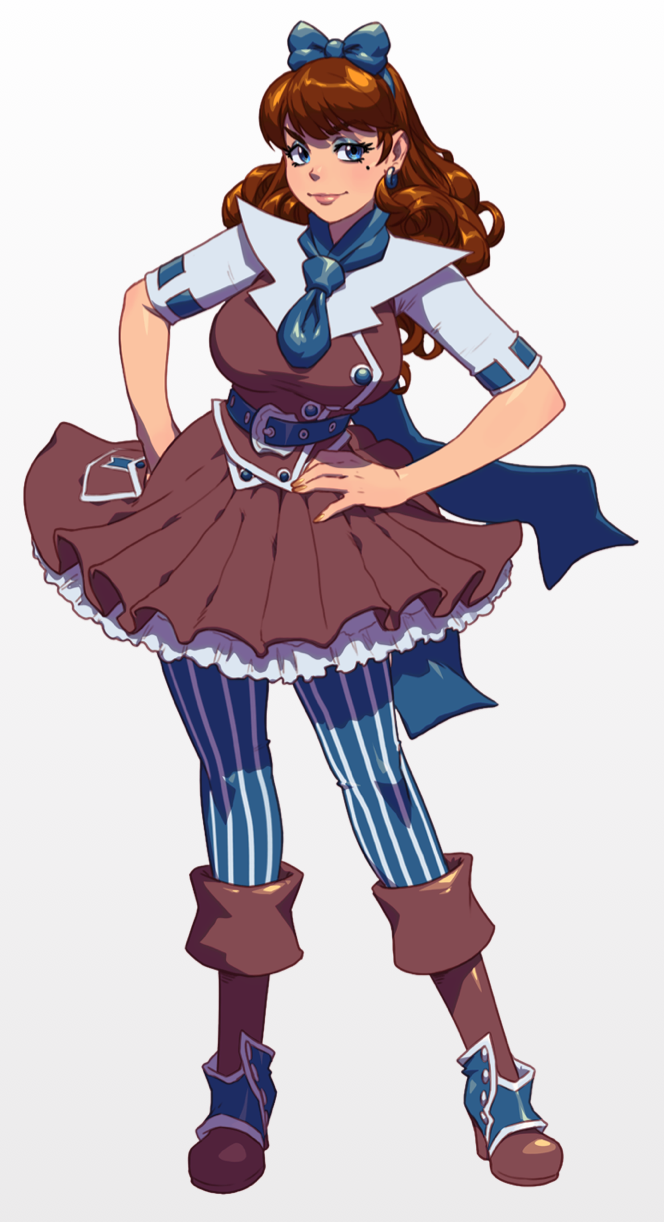 belt bliss_barson blue_eyes blue_legwear boots bow breasts brown_hair cryamore curly_hair dress eyeshadow hair_bow hairband hands_on_hips highres large_breasts lips long_hair makeup mole nail_polish official_art pantyhose pinstripe_pattern robert_porter solo striped